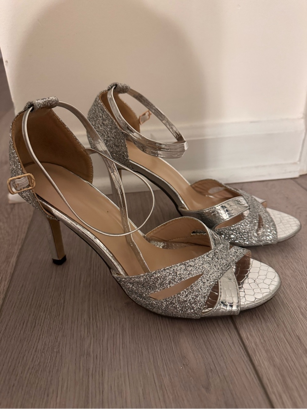 Silver Glitter Ankle-Strap Tango/Salsa Heels